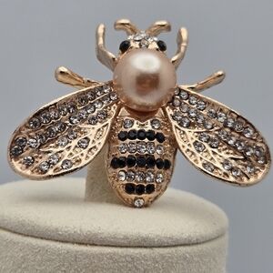 Delicate Gold Bee Brooch Faux Pearl & Rhinestones